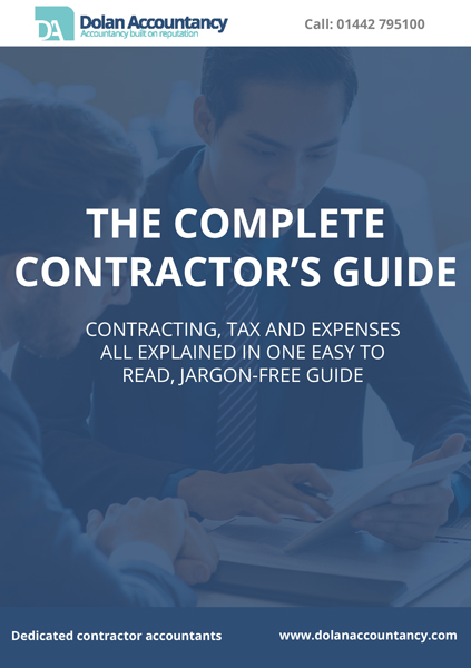 Document cover stated as "the complete contractor's guide". Photo background of accountant using a calculator with a blue colour overlay.