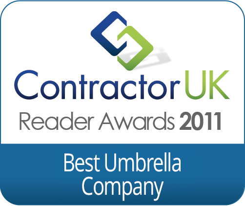 Contractor UK Reader Awards 2011 blue and green logo with blue bottom half stating "Best umbrella company"