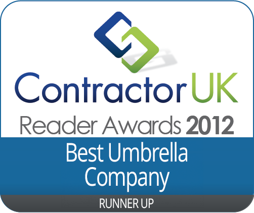 Contractor UK Reader Awards 2012 blue and green logo with blue bottom half stating "Best umbrella company" and "runner up".