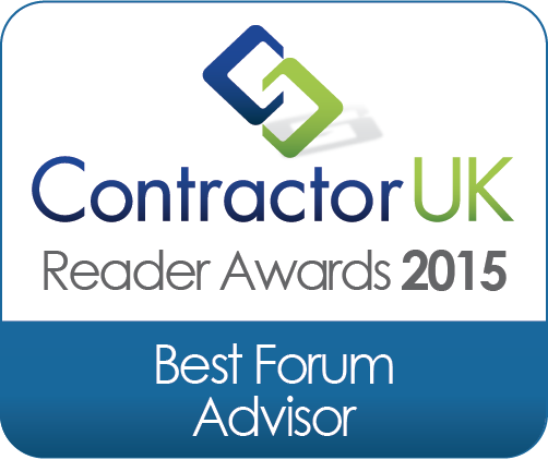 Contractor UK Reader Awards 2015 logo with blue bottom half stating "Best Forum Advisor"